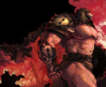 1boy armor bara biceps doom_(series) doomguy fire hell highres jockstrap kartinonos male_underwear muscular muscular_male underwear veins walking_away