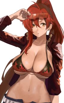 1girl belt bikini bikini_top_only bikini_under_clothes breasts cleavage expressionless female_focus flame_print hair_between_eyes hair_ornament high_ponytail highres j@ck jacket large_breasts midriff navel open_clothes open_jacket ponytail short_shorts shorts skindentation skull_hair_ornament solo studded_belt swimsuit tengen_toppa_gurren_lagann toned unbuttoned underboob unzipped white_background yoko_littner