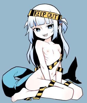 1girl :3 absurdres akableak barefoot between_legs blue_background blue_eyes blue_hair blunt_bangs bright_pupils caution_tape collarbone commentary fins fish_tail flat_chest from_side full_body gawr_gura gills groin hair_ornament hand_between_legs high_contrast highres hololive hololive_english loli long_hair looking_at_viewer looking_to_the_side multicolored_hair naked_tape naughty_face navel nipples nude on_ground open_mouth shark_girl shark_hair_ornament sharp_teeth sidelocks simple_background sitting smile solo streaked_hair symbol-only_commentary tail teeth two-tone_hair two_side_up upper_teeth_only v_arms virtual_youtuber wariza white_hair white_pupils wrapped_up