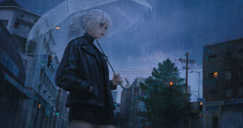 1girl absurdres black_jacket black_sweater building cigarette closed_mouth commentary cowboy_shot dress english_commentary expressionless fangda from_side hand_in_pocket highres holding holding_umbrella jacket long_sleeves medium_hair open_clothes open_jacket original outdoors overcast ponytail power_lines rain road_sign sign sky solo standing sweater sweater_dress traffic_light transparent transparent_umbrella tree turtleneck turtleneck_sweater twilight umbrella urban utility_pole water_drop white_hair