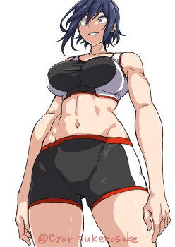 1girl abs bare_shoulders bike_shorts black_sports_bra hair_between_eyes hitomi-chan_wa_hitomishiri medium_hair midriff natsumi_chorisuke navel official_art simple_background smile solo sports_bra takano_hitomi thighs twitter_username two-tone_sports_bra white_background