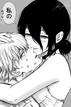 1boy 1girl blush chainsaw_man choker collared_shirt denji_(chainsaw_man) green_eyes greyscale hair_between_eyes hair_bun hetero highres hug koya_(koya_x_00) lipstick_mark medium_hair monochrome red_eyes reze_(chainsaw_man) sharp_teeth shirt short_hair signature sleeveless sleeveless_shirt speech_bubble spot_color teeth translation_request