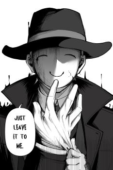 Rule 34 | 1boy, absurdres, blue archive, clover dot (clov erd), commentary, covered face, doodle sensei (blue archive), english commentary, english text, gloves, greyscale, hat, highres, long sleeves, male focus, mask, monochrome, putting on gloves, sensei (blue archive), simple background, solo, speech bubble, upper body, white background