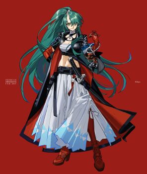 1girl 2026 arknights artist_name black_coat boots closed_eyes coat commentary_request demon_horns elbow_gloves gloves green_hair hakama hakama_skirt high_heel_boots high_heels high_ponytail highres horns hoshiguma_(arknights) hoshiguma_the_breacher_(arknights) japanese_clothes katana long_coat long_hair oni open_clothes open_coat ponytail red_background red_boots red_gloves simple_background skirt solo sword thigh_boots very_long_hair weapon white_hakama yarawi yellow_eyes