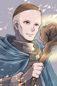 Rule 34 | 1boy, artist name, bald, brown eyes, cape, hat, lee (tear ring saga), male focus, solo, sparkle, staff, sumeragi (black rose), tear ring saga, tear ring saga: yutona eiyuu senki