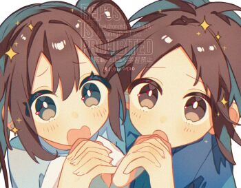 1boy 1girl blue_eyes blue_jacket blue_shirt blush brown_eyes brown_hair commentary_request double_bun hair_bun highres jacket long_hair looking_at_viewer nate_(pokemon) nintendo open_mouth own_hands_clasped own_hands_together pokemon pokemon_bw2 raglan_sleeves rosa_(pokemon) shirt sparkle sumeragi1101