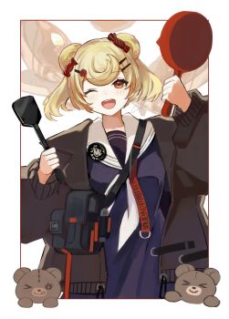 &gt;_o 1girl animal_ears arknights arms_up bag bear_ears bear_girl black_jacket blonde_hair blue_shirt border butter candy_hair_ornament commentary crop_top food food-themed_hair_ornament frying_pan gummy_(arknights) hair_ornament heart highres holding holding_frying_pan holding_spatula jacket k-yosinori lollipop_hair_ornament looking_at_viewer neckerchief one_eye_closed open_clothes open_jacket open_mouth outside_border pancake red_eyes redrawn sailor_collar shirt signature simple_background sketch smile solo spatula stuffed_animal stuffed_toy syrup teddy_bear teeth upper_teeth_only white_background white_border white_neckerchief white_sailor_collar
