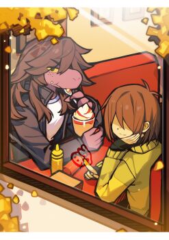 1girl 1other :t absurdres antenna_hair arm_rest black_eyes black_gloves black_jacket bob_cut booth_seating brown_hair chinese_commentary closed_mouth colored_sclera colored_skin commentary_request cup day deltarune eating eyes_visible_through_hair facing_viewer fingerless_gloves food food_on_face freckles furry furry_female gloves green_sweater hair_between_eyes hair_flaps hand_on_own_cheek hand_on_own_face hand_up highres holding holding_spoon ice_cream jacket kris_(deltarune) long_hair looking_at_viewer mustard_bottle no_eyes open_clothes open_jacket orange_sclera outdoors purple_skin reptile_girl shaded_face shio_0585 shirt short_hair smile spoon striped_clothes striped_sweater sundae susie_(deltarune) sweater tissue two-tone_sweater upper_body utdr_(toby_fox) utensil_in_mouth white_shirt window yellow_sweater