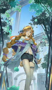 1girl absurdres asymmetrical_gloves bare_shoulders black_shorts blue_sky body_markings breasts commentary_request day feet_out_of_frame fingerless_gloves gloves hand_up headdress highres jacket long_hair multicolored_jacket navel off-shoulder_jacket off_shoulder open_mouth orange_hair outdoors pointy_ears purple_jacket shorts sigrika_(wuthering_waves) sky small_breasts smile solo stomach two-tone_jacket uneven_gloves white_gloves white_jacket wuthering_waves xiaotu_wei_yin_lang_ilah