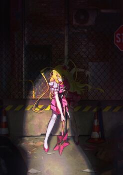 1girl ahemsehszlfmf blonde_hair bow breasts chain-link_fence don_quixote_(project_moon) e.g.o_(project_moon) fence hair_ornament hashtag-only_commentary heart heart_hair_ornament highres holding holding_staff ima_sugu_rinne_(vocaloid) in_the_name_of_love_and_hate_(e.g.o) limbus_company long_hair looking_at_viewer mage_staff open_mouth pink_bow pink_shoes pink_skirt project_moon road_sign shoes sign skirt sleeveless smile solo staff stop_sign sweat traffic_cone two_side_up yellow_eyes