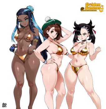 3girls absurdres arm_behind_head armpits bikini black_hair blue_eyes blue_hair breasts brown_eyes brown_hair commentary curvy dark-skinned_female dark_skin dynamax_band english_commentary gloria_(pokemon) gold_bikini green_eyes green_hat hair_ribbon hand_on_own_hip hands_up hat highres kyoffie large_breasts long_hair looking_at_another looking_at_viewer marnie_(pokemon) model_pose multicolored_hair multiple_girls navel nessa_(pokemon) nintendo pokemon pokemon_swsh ribbon short_hair simple_background smile stomach swimsuit tam_o&#039;_shanter thighs thong_bikini toned twintails two-tone_hair white_background