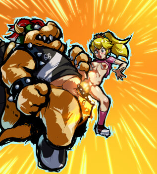 1boy 1girl 2022 20s armlet blonde_hair bowser bracelet breasts censored clothed_sex crown fangs hetero jcm2 jewelry mario_(series) mario_strikers:_battle_league mario_strikers_(series) mini_crown monster_boy mosaic_censoring nintendo ponytail princess_peach sex sharp_teeth spiked_armlet spiked_bracelet spiked_cock_ring spikes stomach_bulge tagme teeth