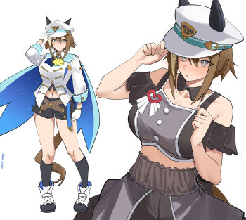 1girl absurdres animal_ears bare_shoulders black_shorts black_socks blue_eyes blush breasts bright_pupils brown_hair cheval_grand_(grand_itineraire)_(umamusume) cheval_grand_(umamusume) commentary ear_covers hair_between_eyes hat highres horse_ears horse_girl horse_tail kneehighs large_breasts looking_at_viewer meni_shuki_rush-sshu! midriff multicolored_hair multiple_views navel off_shoulder open_mouth pinepin shirt shoes short_hair short_hair_with_long_locks short_shorts shorts sidelocks simple_background socks standing streaked_hair tail umamusume white_background white_hat white_pupils white_shirt white_shoes white_streaks