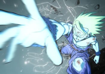 1boy a_(mitei7926) battle_damage blonde_hair dougi dragon_ball dragonball_z electricity father-son_kamehameha green_eyes kamehameha_(dragon_ball) male_focus pants purple_pants purple_shirt red_sash sash shirt solo son_gohan spiked_hair super_saiyan super_saiyan_2 torn_clothes torn_shirt