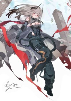 Rule 34 | 1girl, absurdres, arknights, bare shoulders, belt, black boots, black horns, boots, breasts, cape, chinese commentary, cleavage, commentary request, elbow gloves, fingerless gloves, full body, gloves, grey cape, grey gloves, grey hair, head tilt, highres, horns, infection monitor (arknights), large breasts, long hair, looking at viewer, mudrock (arknights), mudrock (rubble) (arknights), official alternate costume, pants, pillar, pointy ears, poxiao buff, red eyes, solo, thick thighs, thigh belt, thigh strap, thighs