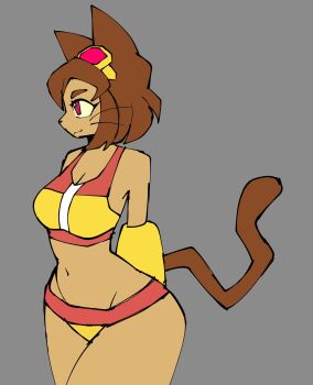 1girl alternate_costume animal_ears bikini breasts brown_hair cat_ears cat_girl cat_tail cleavage closed_mouth commentary curvy dark-skinned_female dark_skin english_commentary eyewear_on_head furry furry_female gameoverse goggles goggles_on_head grey_background groin highres kit_bodega medium_breasts navel official_alternate_costume ottermoni red_eyes red_tank_top short_hair simple_background solo swimsuit tail tank_top thong thong_bikini whiskers wide_hips yellow_bikini yellow_tank_top