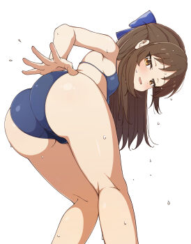 1girl absurdres ass bikini blue_bikini blue_bow bow breasts brown_eyes brown_hair commission feet_out_of_frame from_behind hair_bow half-closed_eyes half_updo highres idolmaster idolmaster_cinderella_girls idolmaster_cinderella_girls_u149 kyojiri_loli leaning_forward loli long_hair looking_back luilui_0525 seductive_gaze simple_background skeb_commission small_breasts solo swimsuit tachibana_arisu teasing white_background