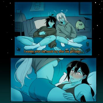 2girls ahoge beer_can bike_shorts black_hair blush breasts bronya_rand brown_sweater can closed_mouth commentary couch drink_can drunk ear_piercing english_commentary english_text ftersdr highres honkai:_star_rail honkai_(series) hood hoodie long_hair medium_breasts multiple_girls on_floor open_mouth piercing seele_(honkai:_star_rail) smile straddling sweat sweater twitter_username undressing white_hair yuri