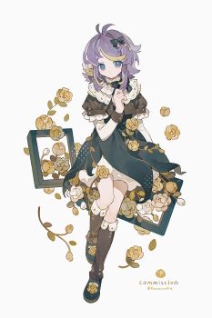 Rule 34 | 1girl, antenna hair, blonde hair, blue eyes, boots, brown boots, closed mouth, commission, dress, flower, full body, green dress, hair intakes, hand up, highres, kanae (cookie), knee boots, long sleeves, looking at viewer, medium hair, multicolored hair, original, purple hair, rose, simple background, solo, standing, standing on one leg, streaked hair, twitter username, two-tone hair, white background, yellow flower, yellow rose
