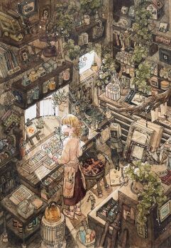 1girl absurdly_detailed_composition art_supplies artist_painter book book_stack bookshelf cabinet canvas_(object) chair clock desk drawer from_above highres indoors jar loaded_interior looking_at_viewer megumi_(mg3) messy_room orange_hair original pencil picture_frame plant potted_plant shelf sunlight table vase window workshop