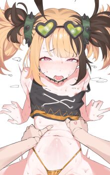 1futa 1girl absurdres bikini black_shirt blush brown_hair cecilia_immergreen doll_joints eyewear_on_head flat_chest futa_with_female futanari futanari_pov gigi_murin gigi_murin_(chatacabra) gold_bikini highres hololive hololive_english implied_sex joints loli long_hair looking_at_viewer lying mirumiruchan multicolored_hair multiple_girls navel nipples off_shoulder on_back open_mouth pink_eyes pov saliva sex shirt short_twintails simple_background sleeves_rolled_up solo_focus stomach_bulge sunglasses sweat swimsuit tank_top teeth tongue torso_grab twintails vaginal virtual_youtuber white_background