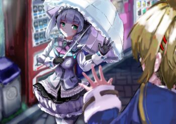 2girls absurdres brown_hair commentary_request gloves green_eyes hair_ornament heaven_burns_red highres kayamori_ruka looking_at_viewer multiple_girls short_twintails skirt sugawara_chie thighhighs tm3248 trash_can twintails vending_machine