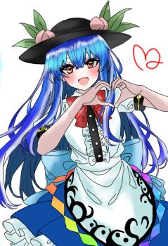 1girl a19130391 black_hat blue_hair blue_skirt blush bow bowtie brown_eyes center_frills frilled_skirt frills hashtag-only_commentary hat heart heart_hands highres hinanawi_tenshi leaf long_hair looking_at_viewer open_mouth peach_hat_ornament red_bow red_bowtie shirt short_sleeves simple_background skirt smile solo touhou white_background white_shirt