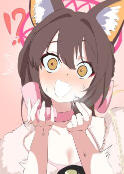 Rule 34 | !?, ^^^, absurdres, animal ear fluff, animal ears, blue archive, blush, brown hair, capelet, choker, collarbone, commentary request, dress, dual wielding, embarrassed, eyeshadow, fox ears, fox girl, fur capelet, hair between eyes, hair intakes, halo, hands up, highres, holding, holding jewelry, holding ring, izuna (blue archive), izuna (dress) (blue archive), jewelry, looking at viewer, makeup, marriage proposal, medium hair, migeru690, mismatched pupils, nose blush, official alternate costume, pink background, pink choker, pink dress, pink halo, red eyeshadow, ring, simple background, surprised, sweat, upper body, wedding ring, wide-eyed, yellow eyes