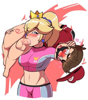 Rule 34 | 1boy, 1girl, @ @, blonde hair, blue eyes, blush, bodyattk, breasts, brown hair, carrying, crown, domination, fellatio, femdom, fireman's carry, hat, heart, highres, large breasts, legs, lipstick, lipstick mark, lipstick mark on penis, looking at another, makeup, mario, mario (series), mario strikers (series), midriff, navel, nintendo, oral, pink lips, ponytail, princess peach, red hat, simple background, super mario strikers, tagme, thighs
