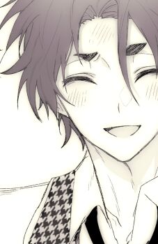 Rule 34 | blue lock, blush, close-up, closed eyes, commentary, english commentary, hakuho high school uniform, happy, highres, jacket, light blush, male focus, mikage reo, neck, necktie, notjjbut, open mouth, purple hair, school uniform, shirt, short hair, smile, solo, solo focus, white background