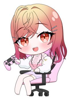 1girl absurdres barefoot belt breasts buttons center_frills chair chibi controller frills game_controller gradient_hair hair_ornament hairpin highres holding holding_controller holding_game_controller hololive hololive_dev_is ichijou_ririka ichijou_ririka_(1st_costume) jacket multicolored_hair open_clothes open_jacket open_mouth orange_hair pencil_skirt pink_hair pink_shirt purple_skirt red_eyes shirt sitting skirt solo swivel_chair teeth thigh_strap upper_teeth_only virtual_youtuber watawatashoyu white_belt white_jacket