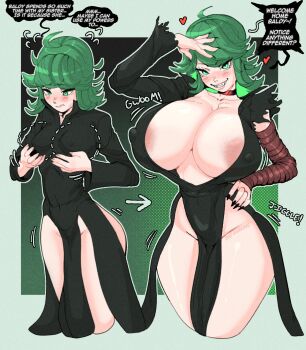 1girl areola_slip before_and_after blush breast_expansion breasts choker cleavage collared_dress covered_erect_nipples curvy dress fangs female_focus fingernails green_eyes green_hair hand_on_own_hip heart highres huge_breasts looking_at_viewer matching_hair/eyes nail_polish one-punch_man sharp_fingernails short_hair small_breasts solo speech_bubble tatsumaki the_varking thick_thighs thighs wide_hips
