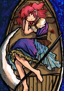 1girl black_sash boat commentary_request dade_ne full_body highres looking_at_viewer lying on_side one-hour_drawing_challenge onozuka_komachi red_eyes red_hair rowboat sash scythe short_sleeves short_twintails solo touhou twintails water watercraft