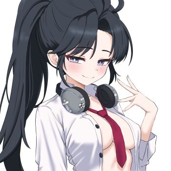 1girl absurdres antenna_hair bikini black_hair breasts buttons closed_mouth commentary_request grey_eyes hand_up headphones headphones_around_neck highres kinesis_(maplestory) long_hair looking_at_viewer maplestory medium_breasts necktie no_bra oldsickkim open_clothes open_shirt ponytail red_necktie shirt simple_background smile solo swimsuit upper_body white_bikini white_shirt