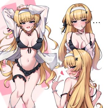 1girl absurdres alternate_costume arms_up back bare_shoulders bikini black_bikini blonde_hair blue_eyes blush closed_mouth commentary double_strap_slip earrings frilled_bikini frilled_thigh_strap frills front-tie_bikini_top front-tie_top gekhuay gluteal_fold hairband hand_up heart highres jacket jewelry long_hair looking_at_viewer multiple_views navel open_clothes open_jacket open_mouth phoebe_(wuthering_waves) profile sideways_glance smile stomach swimsuit tacet_mark_(wuthering_waves) thigh_gap thigh_strap thighs very_long_hair white_hairband white_jacket wuthering_waves