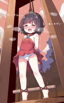 1girl arms_behind_back asphyxiation bdsm black_hair bondage bound bound_legs evening feet heavy_breathing highres loli miria_(mamamamave) noose open_mouth original outdoors panties peril red_eyes rope runa_(miria) saliva short_hair solo sweat tiara tiptoes trembling underwear wince