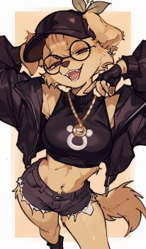 abs absurdres ai-assisted chani_chantiyii commentary crop_top cropped_jacket english_commentary furry furry_female glasses gloves hat headgear highres jewelry navel necklace open_mouth shirt shorts