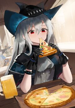 1girl absurdres alcohol arknights ascot beer beer_mug black_cape black_gloves black_hat cape cup eating ema_(kuguiema) food gloves grey_ascot grey_hair grey_shirt hat highres holding holding_food holding_pizza infection_monitor_(arknights) long_hair mug pizza pizza_slice red_eyes shirt skadi_(arknights) solo