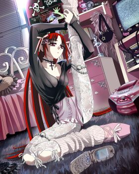 Rule 34 | 1girl, absurdres, bag, ballet slippers, bed, black shirt, blossom (ppg), bratz, breasts, bubbles (ppg), buttercup (ppg), cameo, cd player, cellphone, character doll, choker, cleavage, commentary, cross, doll, english commentary, ezhodan, flip phone, garu (pucca), hair ornament, hair ribbon, hairclip, handbag, hello kitty, hello kitty (character), highres, indoors, lace, lace pantyhose, long hair, loose socks, my chemical romance, my melody, my melody (series), original, pantyhose, phone, pillow, pink ribbon, pink skirt, pink slippers, poster (object), powerpuff girls, pucca, pucca (cartoon), red eyes, red hair, ribbon, sanrio, shirt, sitting, skirt, slippers, small breasts, socks, solo, sony, sticker, television, very long hair