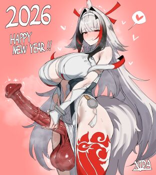 1girl 2026 absurdres animal_penis artist_name black_hair breasts chinese_zodiac erection futanari gradient_background grey_hair happy_new_year heart highres horse_penis huge_penis huge_testicles large_breasts leg_tattoo long_hair looking_at_viewer multicolored_hair new_year penis red_background red_hair solo spoken_heart standing tattoo testicles thighs very_long_hair xipa ye_shunguang year_of_the_horse zenless_zone_zero