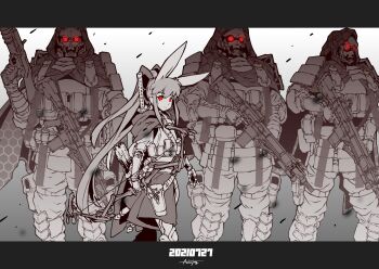 1girl 3boys absurdres andojing animal_ears arm_guards armor arrow_(projectile) black_skirt bow bow_(weapon) cape commentary_request cowboy_shot dated glowing gradient_background grey_background gun hair_bow highres holding holding_bow_(weapon) holding_gun holding_weapon holster hood hood_up hooded_cape japanese_armor katana kusazuri letterboxed long_hair looking_at_viewer mask monochrome multiple_boys original pants ponytail pouch quiver rabbit_ears red_bow red_eyes shoulder_armor signature skirt sode spot_color sword thigh_pouch walking weapon white_background