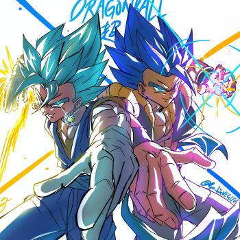 2boys arm_blade aura black_vest blue_eyes blue_hair blue_pants blue_shirt dougi dragon_ball dragon_ball_super dragon_ball_super_broly energy_sword gogeta highres male_focus medium_hair metamoran_vest multiple_boys muscular muscular_male orange_shirt pants ryo_lovevegito shirt spiked_hair super_saiyan super_saiyan_blue sword vegetto vest weapon