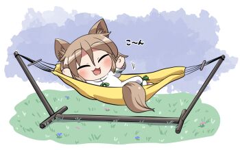 1girl :3 :d animal_ear_fluff animal_ears barefoot blush brown_hair chibi chibi_only closed_eyes commentary_request fox_ears fox_girl fox_tail full_body grass hammock highres ko~n kudamaki_tsukasa lying on_side open_mouth outdoors rokugou_daisuke romper short_hair signature smile solo tail touhou white_romper