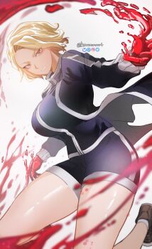 1girl absurdres black_jacket black_shorts blonde_hair blood breasts brown_eyes brown_shoes colored_extremities commentary_request full_body hemokinesis highres jacket knowname large_breasts long_sleeves looking_at_viewer mixed-language_commentary parted_lips partial_commentary red_hands sazanami_kuina shoes short_hair shorts simple_background solo thighs tougen_anki twitter_username white_background
