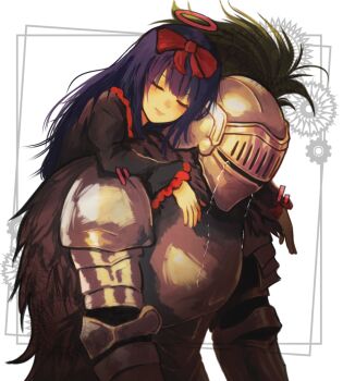 1boy 1girl armor black_dress black_souls black_souls_2 blue_hair bow carrying closed_eyes commentary crying dress elemi_souls english_commentary full_armor grimm_(black_souls) hair_bow halo helmet highres inset_border light_smile long_hair mabel_(black_souls) piggyback simple_background tears white_background