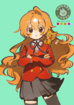 1girl :< absurdres aisaka_taiga animal animal_ears animal_on_shoulder aqua_bow artist_name black_eyeshadow bow brown_hair buttons collared_shirt color_guide commentary_request cowboy_shot crossed_arms dot_nose eyeshadow fanged_bangs grey_skirt hair_between_eyes hair_flaps highres jacket long_hair makeup miniskirt neck_ribbon oohashi_high_school_uniform plummm_628 red_jacket ribbon school_uniform shirt simple_background skirt straight-on thighhighs tiger tiger_ears toradora! watermark wavy_hair white_shirt wind zettai_ryouiki