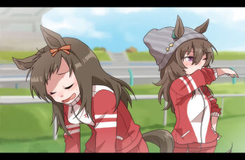 2girls animal_ears beanie beer_hsk blue_sky blurry blurry_background bow brown_hair character_request closed_eyes cloud day depth_of_field ear_bow ears_through_headwear grey_hat hair_between_eyes hat horse_ears horse_girl horse_tail jacket letterboxed long_hair long_sleeves multiple_girls nakayama_festa_(umamusume) one_eye_closed open_mouth outdoors pants puffy_long_sleeves puffy_sleeves purple_eyes red_jacket red_pants sky striped_bow striped_clothes striped_headwear tail track_jacket track_pants track_suit umamusume vertical-striped_clothes vertical-striped_headwear