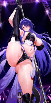 1girl absurdres acheron_(honkai:_star_rail) adapted_costume armpits asymmetrical_footwear black_boots black_bra black_gloves black_panties blush boots bra breasts cameltoe closed_mouth commission gloves hair_intakes hair_ornament highres holding holding_pole honkai:_star_rail honkai_(series) huge_breasts kiek_qaq knee_boots standing_split leg_tattoo leg_up long_hair looking_at_viewer navel panties partially_visible_vulva pixiv_commission pole purple_eyes purple_hair revision single_knee_boot single_thigh_boot solo split standing standing_on_one_leg standing_split stomach sweat tattoo thigh_boots thighs underwear uneven_footwear very_long_hair