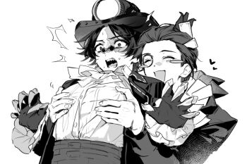 2boys :d ^_^ ascot beikupangxie claws closed_eyes covered_erect_nipples frilled_ascot frilled_sleeves frills greyscale groping hair_slicked_back hand_on_another&#039;s_chest hat hat_lantern highres identity_v jacket male_focus monochrome multiple_boys norton_campbell norton_campbell_(mr._mole) official_alternate_costume open_mouth orpheus_(high_roller)_(identity_v) orpheus_(identity_v) sharp_teeth shirt short_hair smile sweat teeth top_hat upper_body wide-eyed yaoi