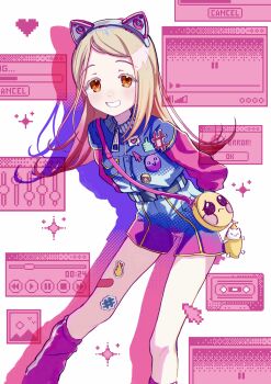 1girl absurdres animal_ear_hairband animal_ears bag blonde_hair blue_shirt blue_shorts blush cassette_tape cat_ear_hairband cat_ears commentary_request cursor drop_shadow fake_animal_ears feet_out_of_frame gakuen_idolmaster grey_hairband grin hairband heart highres idolmaster long_hair long_sleeves looking_at_viewer miracle_na_now!_(idolmaster) mochiusasa orange_eyes parted_bangs purple_shorts purple_socks shinosawa_hiro shirt shorts smile socks solo sparkle standing two-tone_shorts white_background window_(computing) zipper